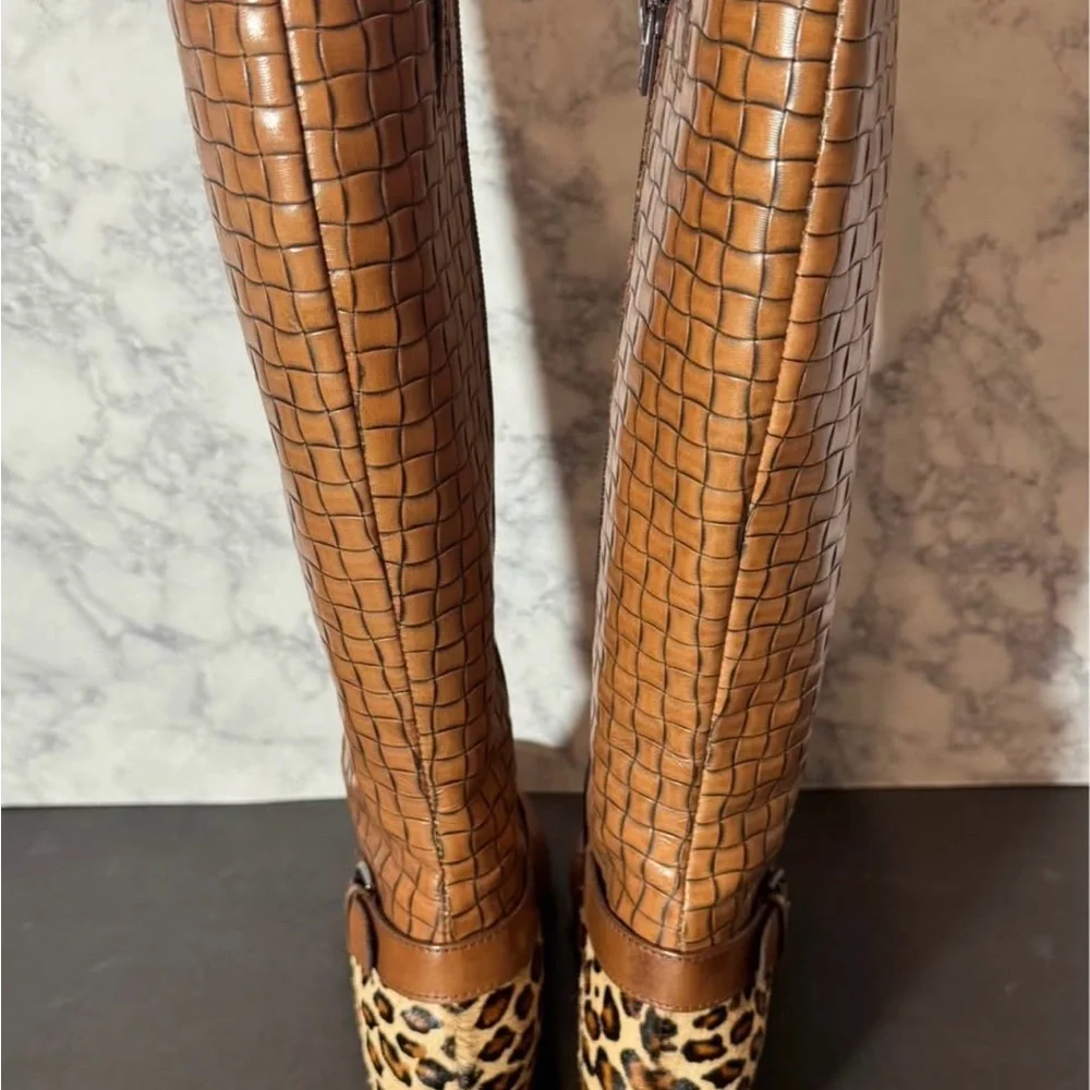 Sesto Meucci Brown Over the Knee Boots with Leopard Accent
